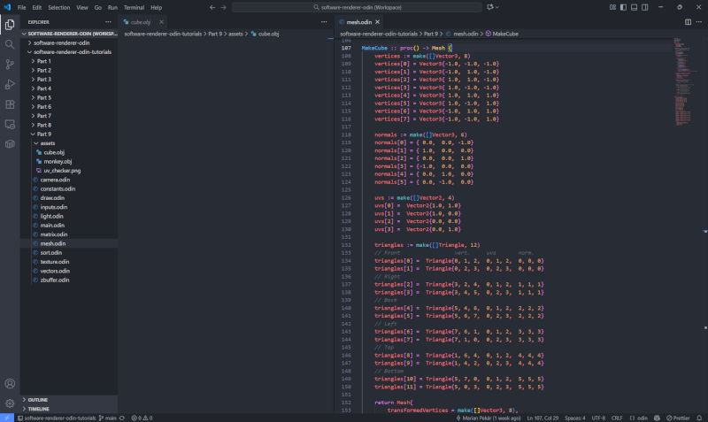 If your IDE supports multiple tabs, I recommend opening cube.obj and mesh.odin side by side like you can see here in VS Code, since we are entering the same data, just in a different format.