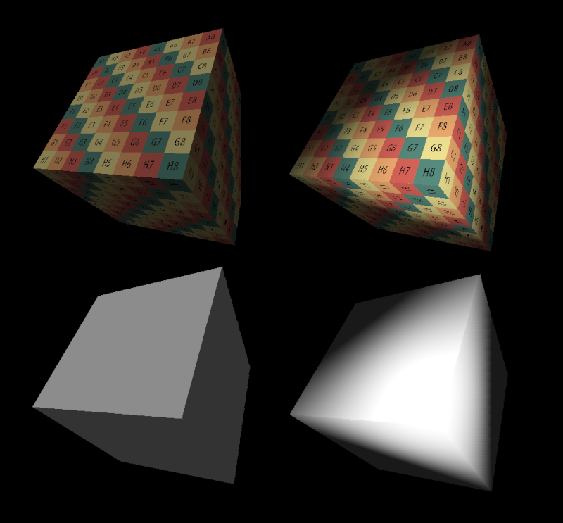 The pair of cubes on the left is rendered in flat shading mode, the other pair uses Phong shading.
