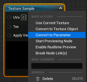We convert the TextureSample node into a TextureParameter node so that we can easily assign a texture created from an image fetched from an API in our custom C++ class derived from Actor later on.