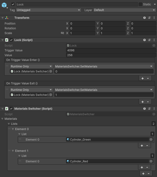 Lock and MaterialSwitcher script that we setup in the previous part.
